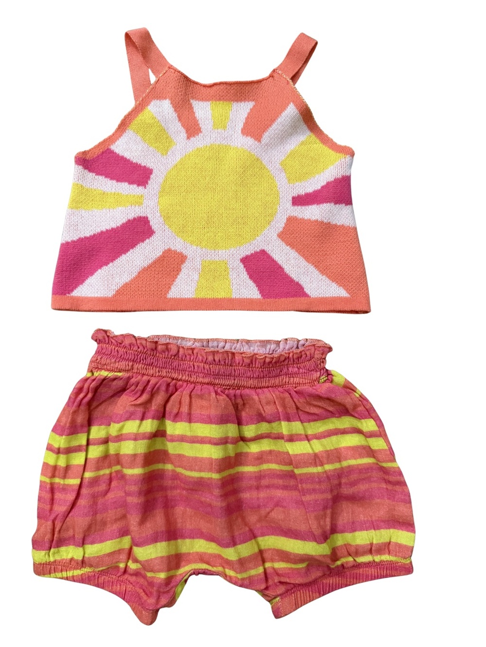 Peek Coral Knit Sun Tank & Striped Shorts Set Yellow, Pink, Coral Sz 6-12 Months